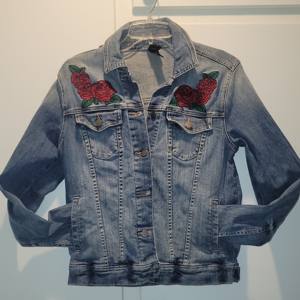 Embroidered Denim Jacket with Red Rose Accents